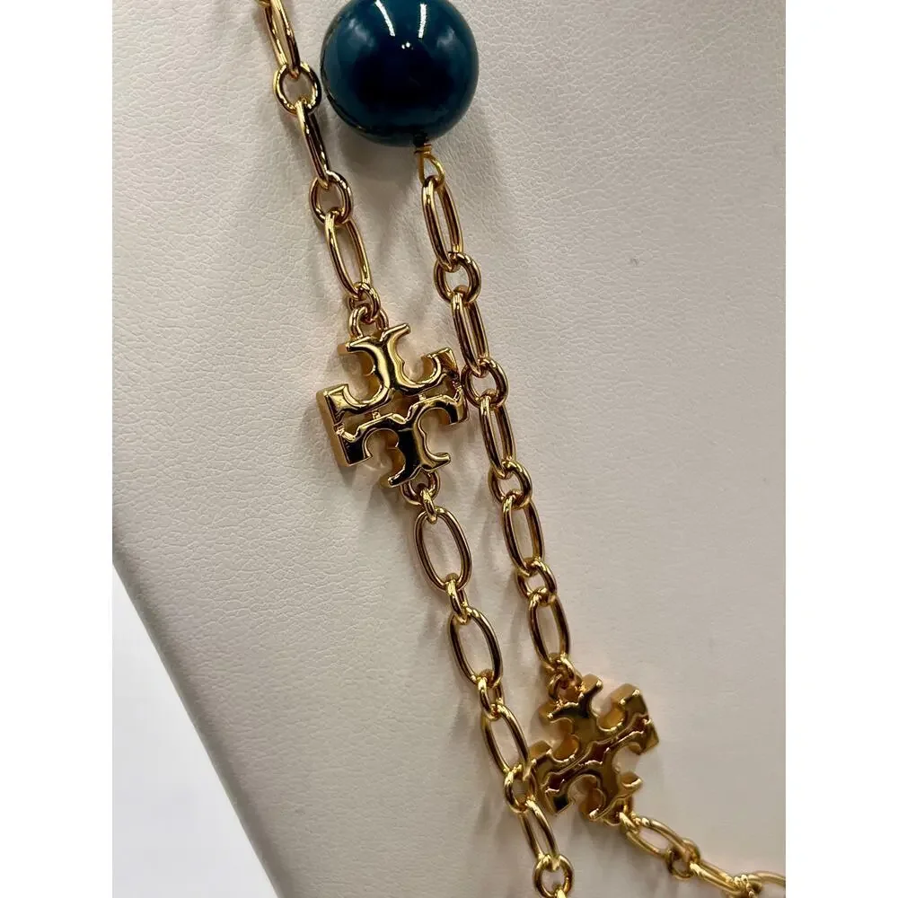 Tory Burch‎ Designer Evie Teal Resin Logo Station Gold Plated Necklace